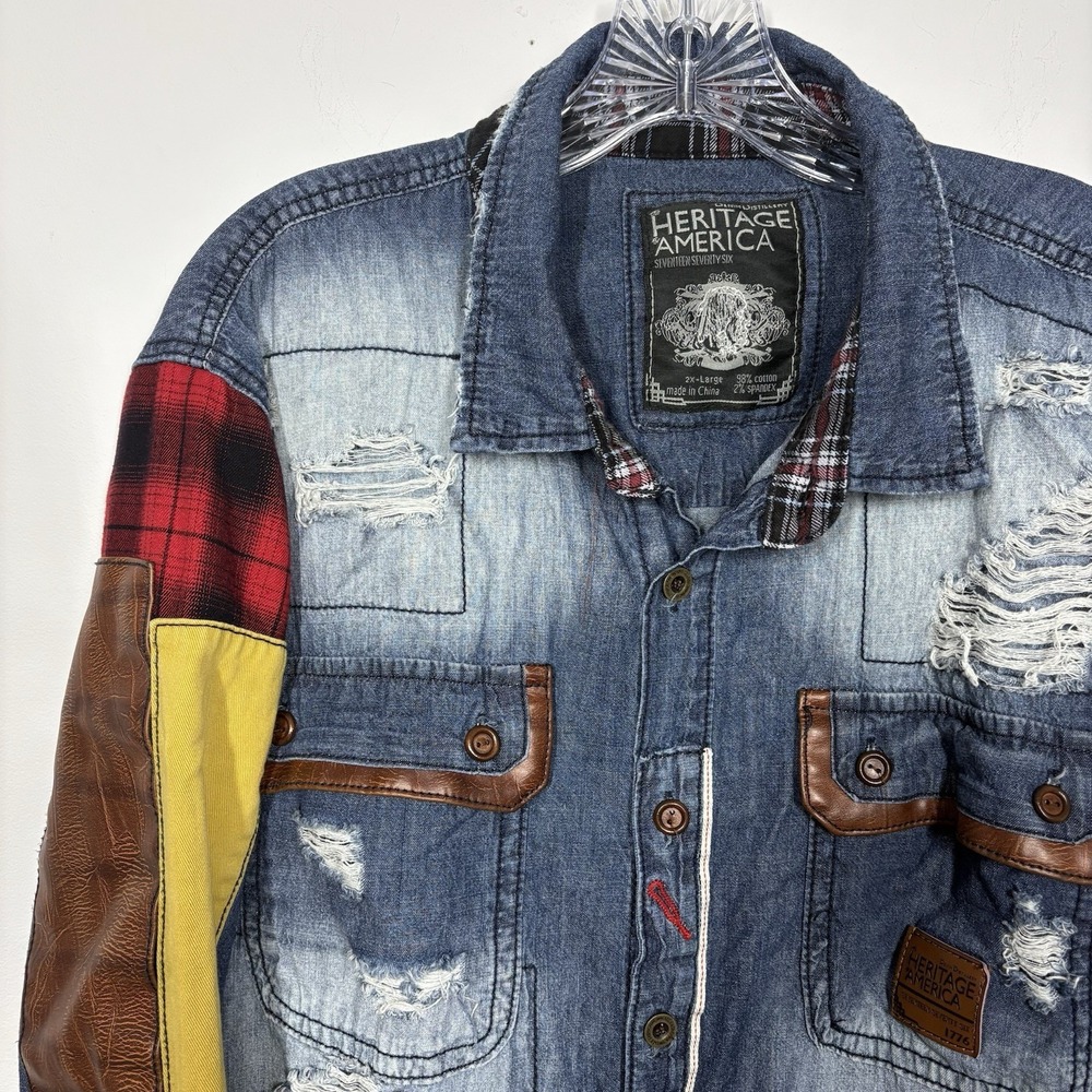 Heritage America Men 2XL Denim Jacket Grunge Flannel Patch Distressed Streetwear - Picture 2 of 15
